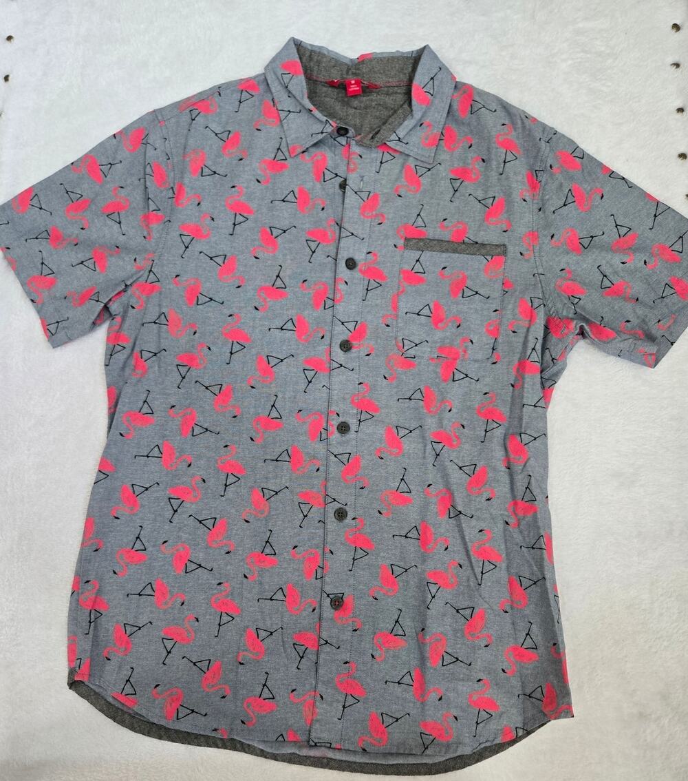Unionbay Flamingo Shirt Mens Medium Gray Pink Tropical Button Down